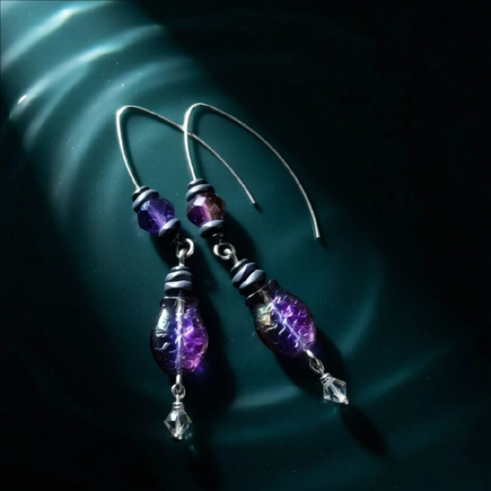 Purple + Black Iridescent Glass Fish Danglers ~ Goth + Beachy! Sea Life Earrings - Picture 4 of 13